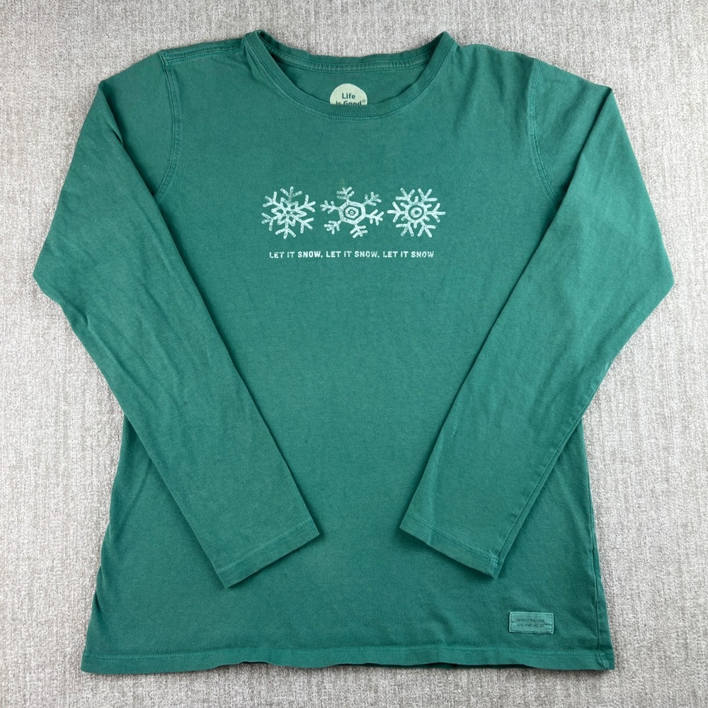 Life is Good Classic Fit Long Sleeve Shirt Women M Green Let It Snow Snowflake